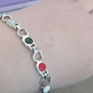 Silver Heart Charm Bracelet with Red and Black Accents